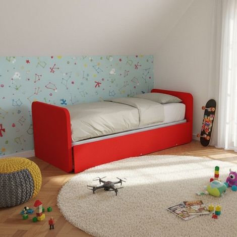 Letto singolo con letto estraibile, trasformabile in matrimoniale. Testate personalizzabili, reti in acciaio e doghe in faggio - Rosso