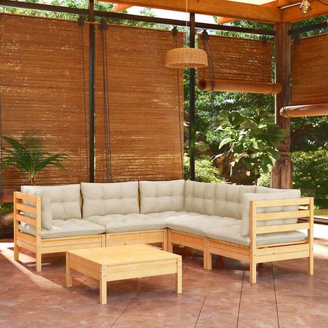 vidaXL Muebles de jardín 6 pzas y cojines madera maciza de pino crema (1/5)