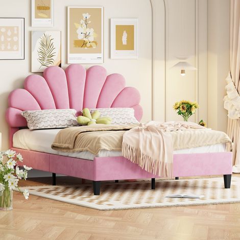 Cama tapizada 140/200 cm rosa de terciopelo con cabecero floral (1/5)