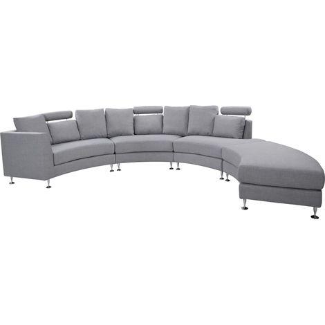 Beliani – Canapé panoramique circulaire en tissu gris clair – 7 places – Housses amovibles – Pieds en métal argenté – Design moderne (1/5)