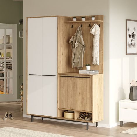 Garderobenschrank Tignale, Kleiderhaken, 12 Fächer, Flügeltür, 147x36x196h cm Beige (1/5)