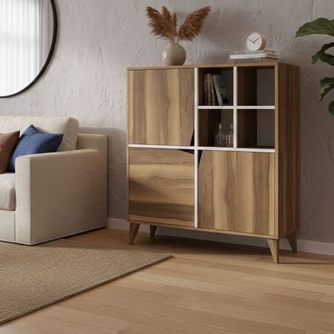 Dmora - Kommode Dpolitan, Wohnzimmerbuffet, Wohnzimmer-Sideboard, Moderne Küchen-Speisekammer, 100x30h115 cm, Walnuss und Weiß (1/5)