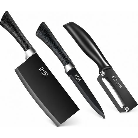 Set de Couteaux de Cuisine en Acier Inoxydable Noir Titane, Éplucheur, Couteau à Fruits et Couperet (1/5)
