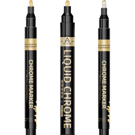 3 marqueurs de peinture chromée liquide, pointes 0,7 mm / 3 mm / 5 mm, encre à base d'huile non toxique, effet miroir permanent sur surfaces lisses (1/5)