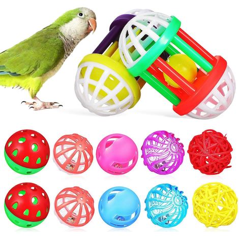 Lot de 12 balles de recherche de nourriture pour oiseaux, jouets pour perroquets et perruches, balles à mâcher pour l'entraînement des calopsittes, avec clochettes.-7.50X4.00X4.00CM (1/4)
