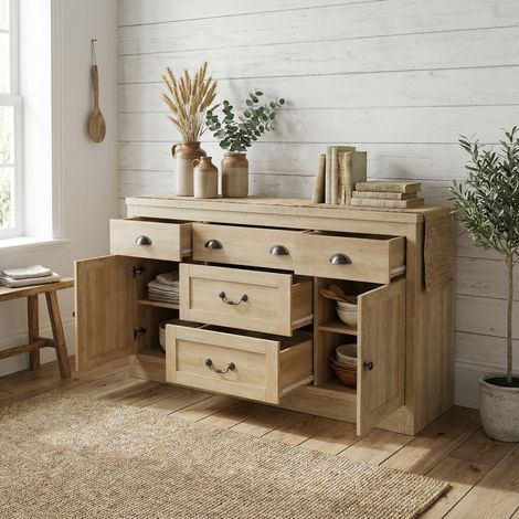 Buffet de cuisine, 2 portes et 5 tiroirs, meuble de rangement salle à manger, 135x40x80 cm, style scandinave - Naturel