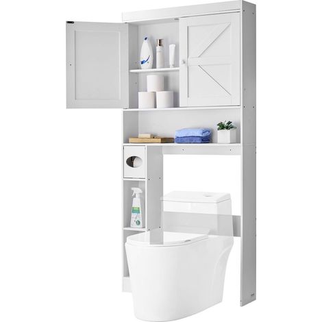 Meuble de Rangement WC Hauteur 171,3 cm, Rangement au Dessus des Toilettes ou Machine à Laver, avec Double Porte et Étagère Réglable Ouverte, Armoire de Salle de Bain Gain de Place, Blanc (1/5)