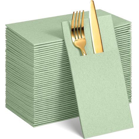 serviettes de table jetables en lin avec poche intégrée pour couverts, mariage, fête prénatale, fête de mariage (vert sauge) (1/5)