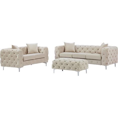 Divano 3 posti, 2 posti e pouf Chesterfield in velluto Beige - EDWINA