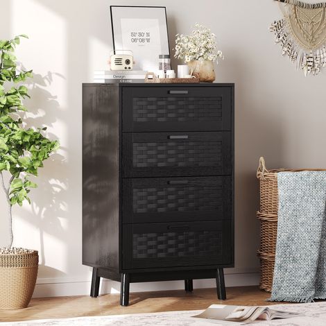 Comò in legno con 4 cassetti in rattan, gambe in legno massello e maniglie in metallo nero, stile vintage, 55x40x95 cm - nero