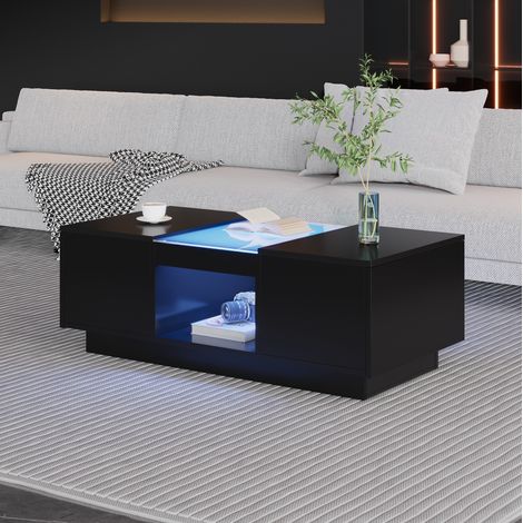 Tavolino da salotto nero 100x50x35,5 cm con LED, 2 cassetti e vano aperto HAVRYA (1/5)