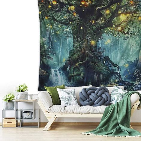 Tapisserie Forêt 2024, tapisserie murale elfique populaire avec arbre naturel, couverture de plage verte chaude (grande 79x (1/5)