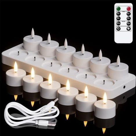 Lot de 12 lampes chauffantes LED rechargeables, 5 cm, blanches, avec station de charge, télécommande et minuterie. (1/5)