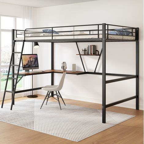 Cama alta juvenil con escritorio estante negro OKMYHOME (1/5)