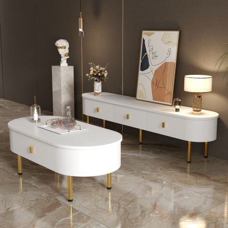 Ensemble meuble TV et table basse « Light Luxury », combinaison de mobilier de salon, avec tiroirs et angles arrondis.