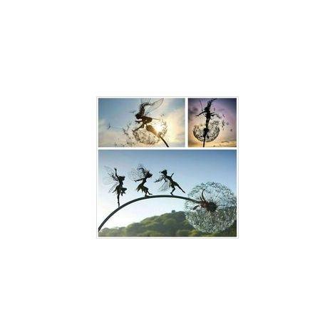 Lot de 3 piquets de jardin décoratifs en métal fées et pissenlits dansant ensemble jardin cour Art ornement debout
