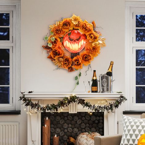 Couronne d'Halloween, design de citrouille effrayant, feuilles d'automne, effets lumineux, plastique (1/5)