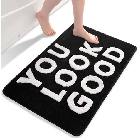 Grand tapis de bain noir et blanc - Antidérapant - Lavable - Décoration de salle de bain - Moelleux - En microfibre douce - Absorbant - 55 x 81 cm (1/5)