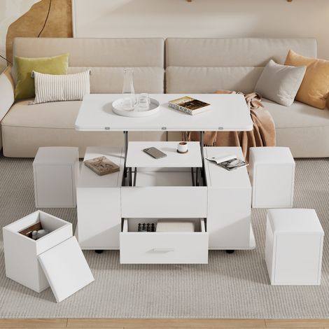 Mesa de centro elevable 100x50x45 cm de paneles de madera blancos, ahorro de espacio FloraGrace (1/5)