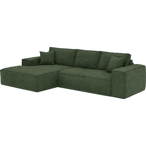 Canapé d'angle gauche convertible express en velours côtelé vert sapin - Couchage 140 cm - Matelas 13 cm avec mémoire de forme - AMELIA
