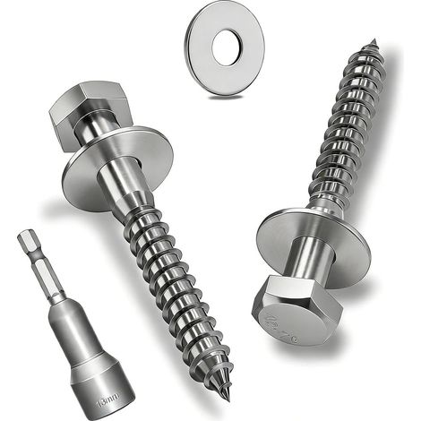 Vis à Bois à Tête Hexagonale M8x60 mm, 12 Pièces Boulons Tire-fond Robustes en Acier Inoxydable 304, Vis à Bois Tête Hexagonale Autoperceuse DIN 571 avec Rondelles et Clé à Six Pans (1/5)