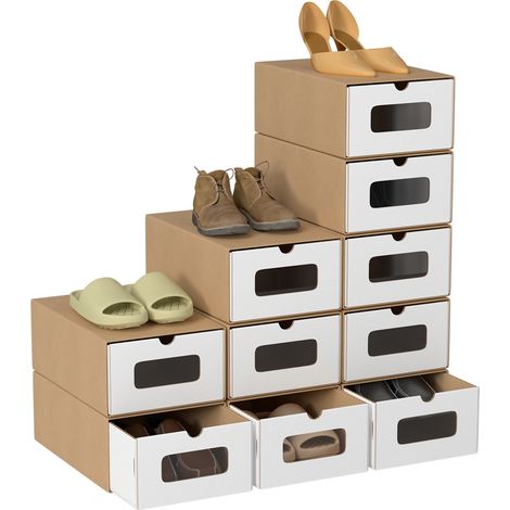 Scatola per scarpe - Set di 20 - Carta kraft - con cassetto - Impilabile - 35 cm x 23 cm x 13 cm Scaffale di stoccaggio marrone/bianco (1/5)