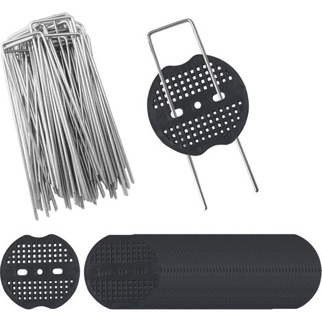Lot de 50 Piquets de Sol Galvanisés (150 x 40 mm, Ø 2,5 mm) + 50 Rondelles en Plastique – Sardines Antirouille pour Fixation de Membrane Anti-Mauvaises Herbes, Tissu Géotextile, Pelouse, Bâche (1/5)