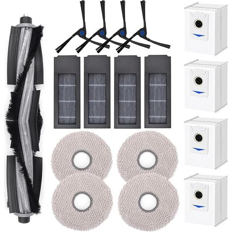 Lot de 17 pièces de Rechange pour Ecovacs Deebot X2/ X2 Omni/ X2 Pro/ DEX86 aspirateur, 1 Brosse Principale 4 brosses latérales 4 filtres 4 Sacs à poussière 4 Chiffons (1/4)
