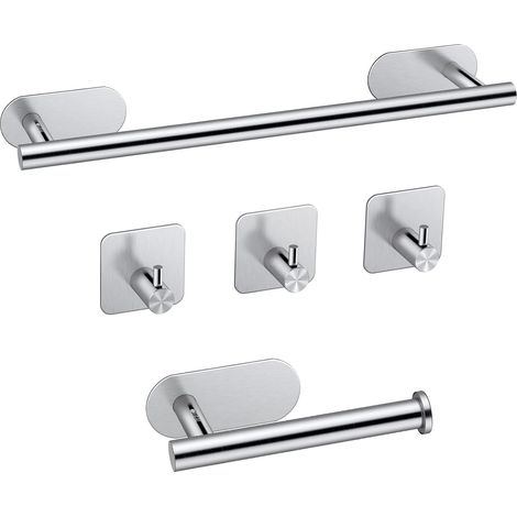 ZOLGINAH Toallero de baño 40cm 304 Acero inoxidable Autoadhesivo Kit de toallero de baño + Soporte de papel higiénico + 3 ganchos para toallas Juego de barra de toalla-Plata (1/5)