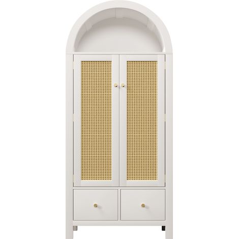 Armario blanco de MDF y metal 181 x 78 x 45 cm con puertas de ratán, 2 cajones y barra (1/5)