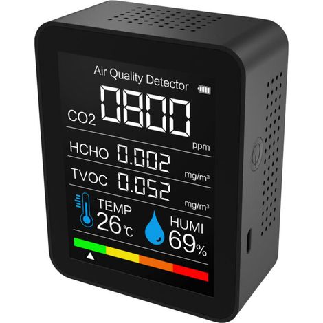 SABIR Detector portátil de calidad del aire, medidor de CO2, medidor digital de temperatura y humedad, detector de dióxido de carbono, TVOC, formaldehído y HCHO (negro) (1/5)