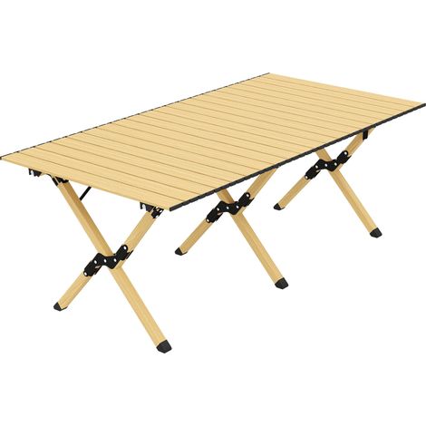 Mesa plegable de camping de aluminio, 117 x 60 cm, enrollable con aspecto de madera.