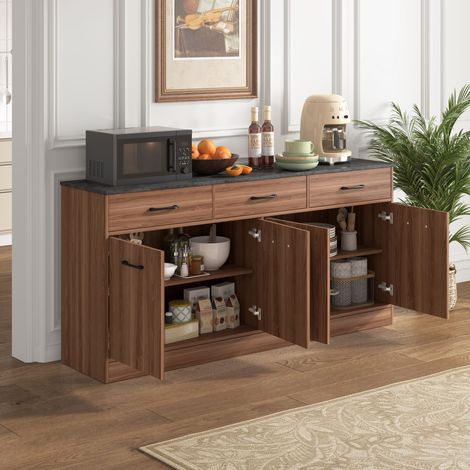 Küchenbuffet mit 3 Schubladen und 2 Türen, Verstellbare Einlegeböden, für Küche, MDF, 160×37×76.5 cm, Nussbaum (1/5)