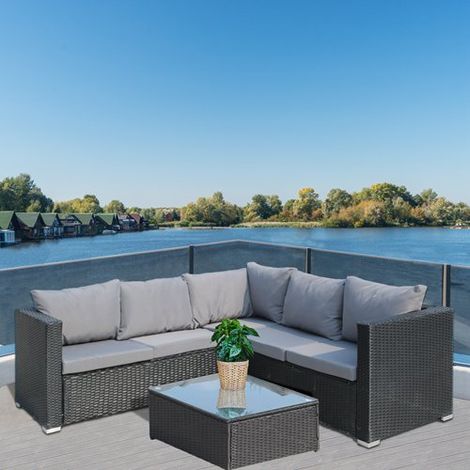 BIRCHTREE Rattan Furniture Set 5 Seater L-Shape Wicker Garden Corner Sofa Glass Dining Table Patio Pillow 3 Pieces RFS08 Black