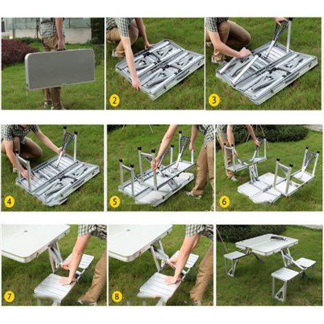Klappbarer und tragbarer Picknicktisch, vier Sitzplätze, aus Aluminiumlegierung, ideal für Camping und Strand, gebürstete silberne Oberfläche. (1/4)