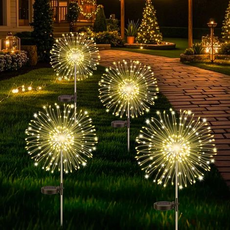 Lot de 4 Lampes Solaires d'extérieur pour Jardin, Feux d'artifice solaires en forme de pissenlit, 120 LED, 8 Modes, éclairage étoilé, Lampe de Jardin étanche pour Pelouse, allée, Cour, Blanc Chaud (1/5)