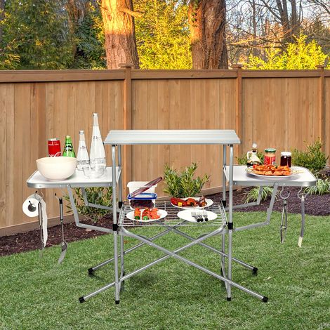 Folding Camping Table Aluminum BBQ Picnic Table W/ 2 Extended Tables & Wire Rack (1/5)