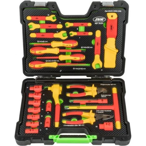 JBM – Mallette à outils isolée VDE 54091 – 26 pièces – Douilles hexagonales 3/8" pour travaux électriques – Pince coupante diagonale 160mm (1/5)