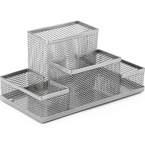 Organizador de escritorio, portalápices, 4 compartimentos, diseño de malla simple, portalápices de malla metálica, material de oficina (plateado) (1/5)