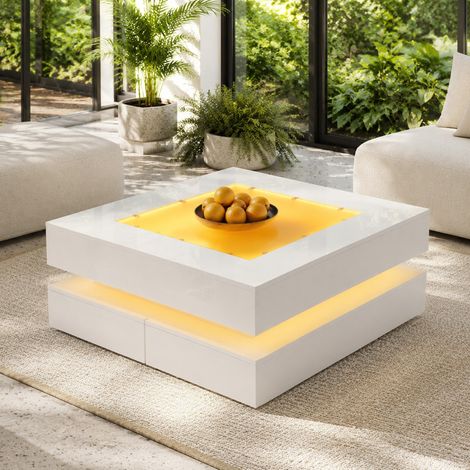 Table basse 70 x 70 x 35 cm avec plateau en verre, 3 tiroirs, LED, blanc HAVRYA (1/5)