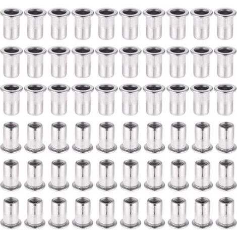 60 Pièces 304 Ecrou a Sertir M6 en Acier Inoxydable Tête Plate Ecrou Aveugle Rivet Fileté Ecrou a Rivet pour pince à insert fileté