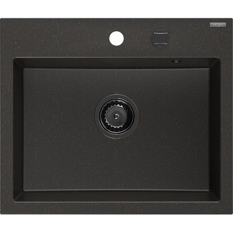 Mexen Oscar lavello in granito 1 vasca 580 x 490 mm, nero/oro metallizzato, sifone nero - 6519581000-75-B (1/5)