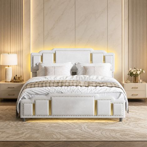 Letto imbottito 140 x 200 cm in velluto beige con profili dorati DESVIAE (1/5)
