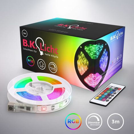 B.K.Licht LED Strip 3m, RGB, control remoto, autoadhesivo, cambio de color, acortable, Tiras LED, cadena de luz, cinta, tiras, tira de luz LED, tira de luz LED, blanco (1/5)
