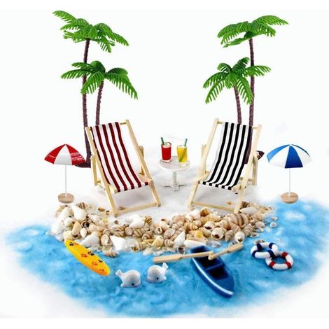 Miniature Beach Set - 18-Piece Decorative Landscape Kit with Palm Tree Chair Umbrella Sand - for Zen Garden Desk Decoration
