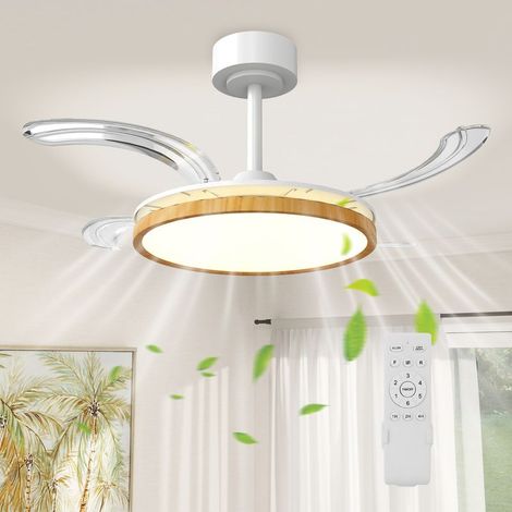 Ventilatore da soffitto con luce - HOMCOM - pale retrattili e telecomando - reversibile - acciaio - Ø95cm - legno naturale (1/5)
