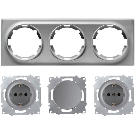 Plaque de finition 3 postes Florence + 2 Prises avec terre + 1 Interrupteur simple - gris