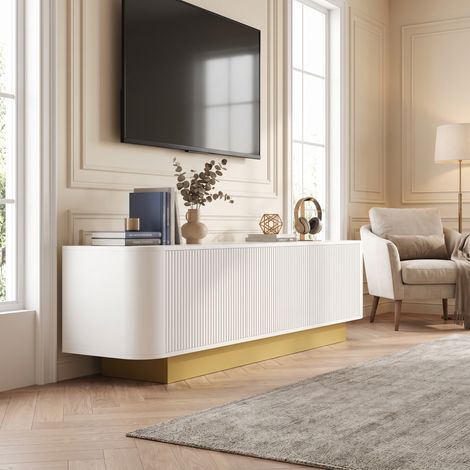 Meuble TV 170 cm avec 3 Portes et Gestion des Câbles, Meuble de Salon Moderne en Bois, Blanc (1/5)
