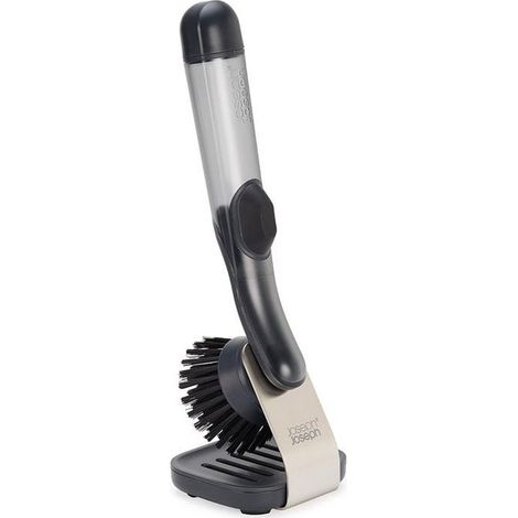 SinkTech™ brosse à récurer avec distributeur Joseph Joseph SinkTech™, ustensile de cuisine, nettoyage efficace, poils robustes, grattoir, support en acier avec bac de récupération - transparent.