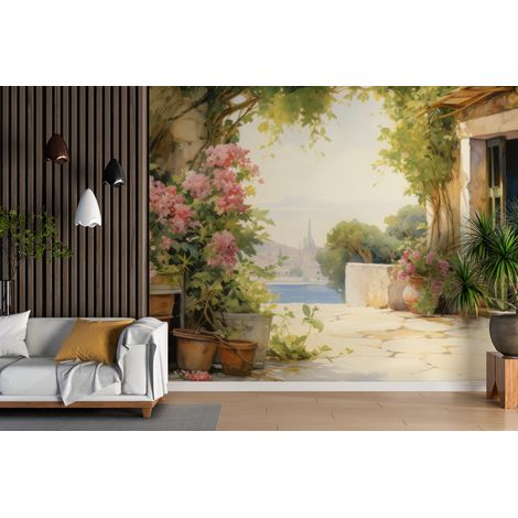 Papier peint fleuri villa aux roses tremieres - 150 x 250 cm (1/2)